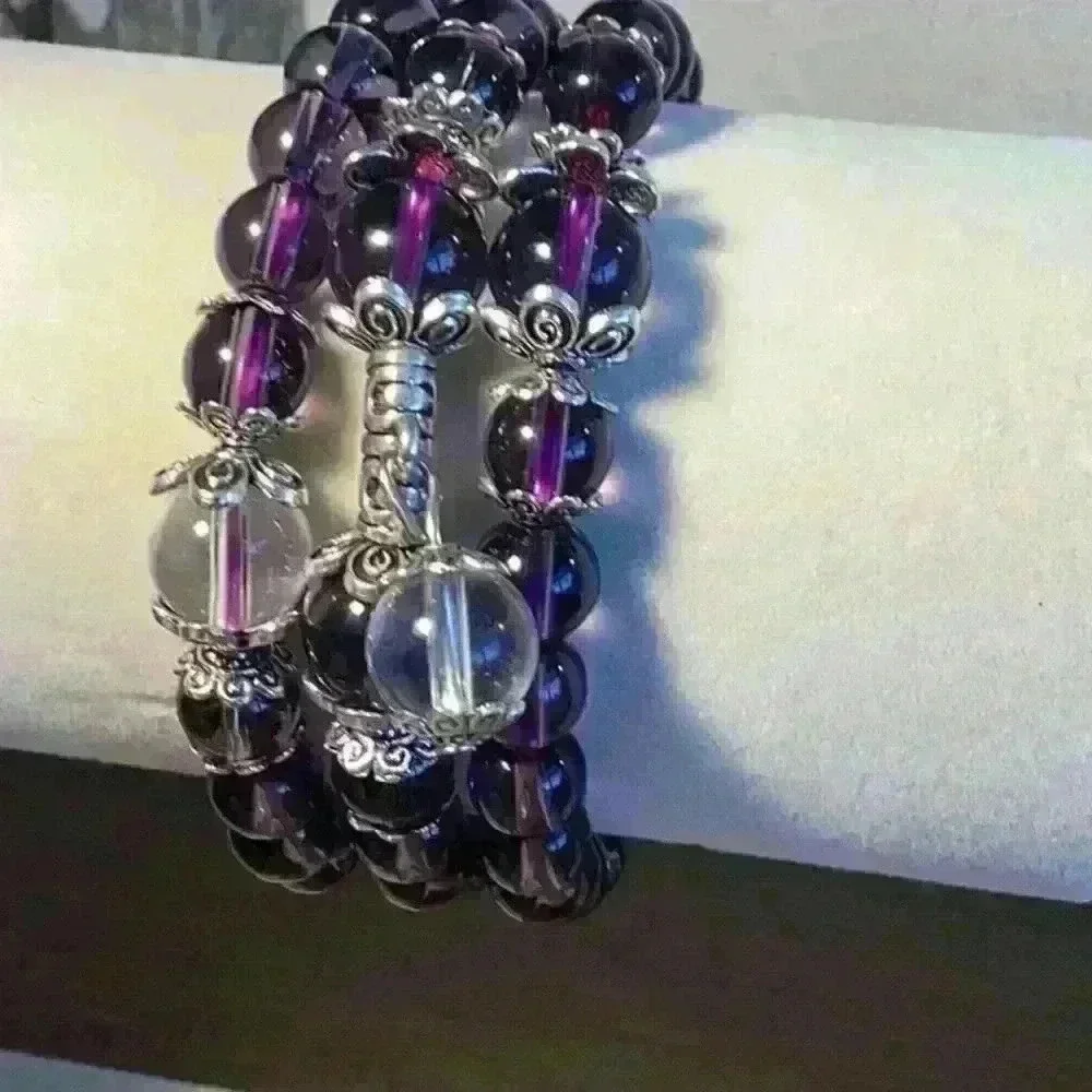 Vintage Glass Bead Bracelets Silver Tone Purple